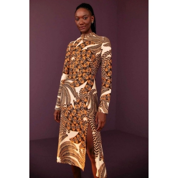 Farm Rio Midi Dress L Bodycon Long Sleeve Tropical Sand Yawanawa Vanahu - Picture 2 of 13